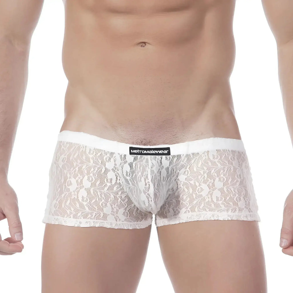 White lace men’s briefs with black metroMalewear label on waistband enhancing comfort and style