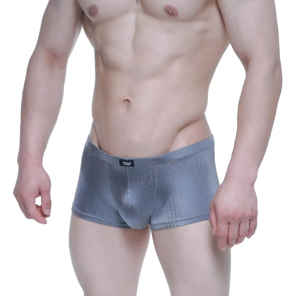 Gray textured MetroMaleWear Enhancement boxer briefs with subtle sheen and black logo tag at waistband