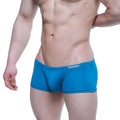 Bright blue form-fitting mens briefs with subtle white logo on waistband metroMalewear enhancement boxer petrol 2043-08