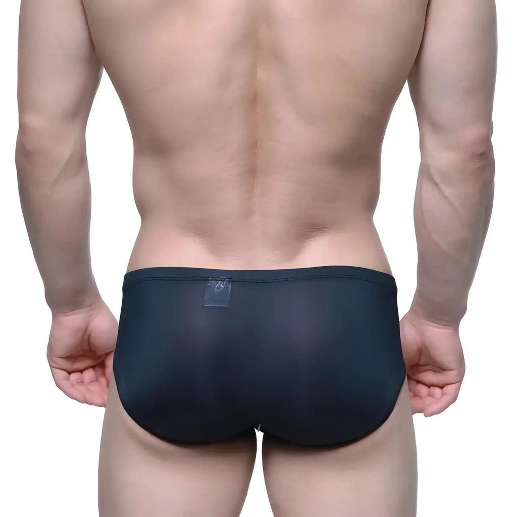 MetroMaleWear Entropy bikini black form-fitting swim trunks with smooth stretchy fabric and transparent waistband label