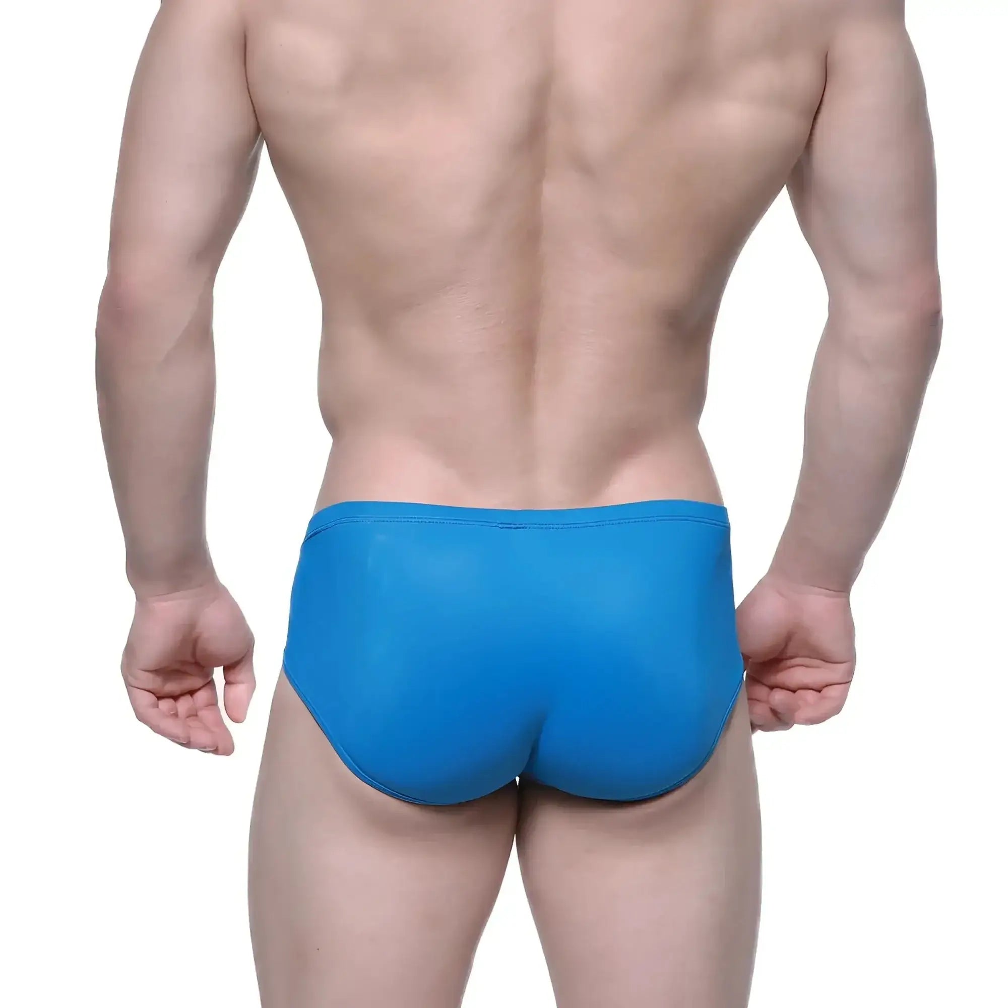 Bright blue form-fitting swim trunks with a smooth glossy finish from MetroMaleWear Entropy Bikini Petrol 1006-08