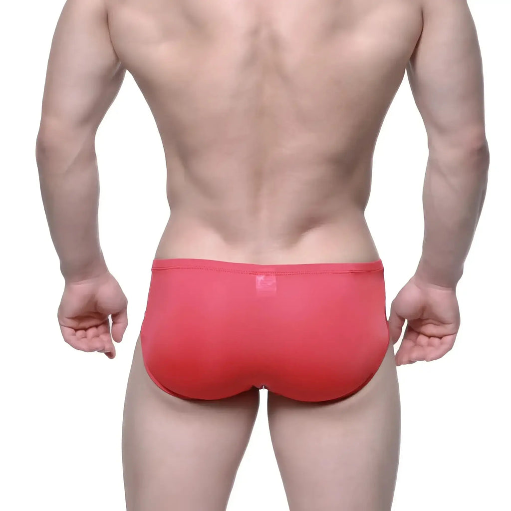 Back side of metro male wear entropy bikini red men’s briefs in smooth form-fitting fabric with small logo on waistband