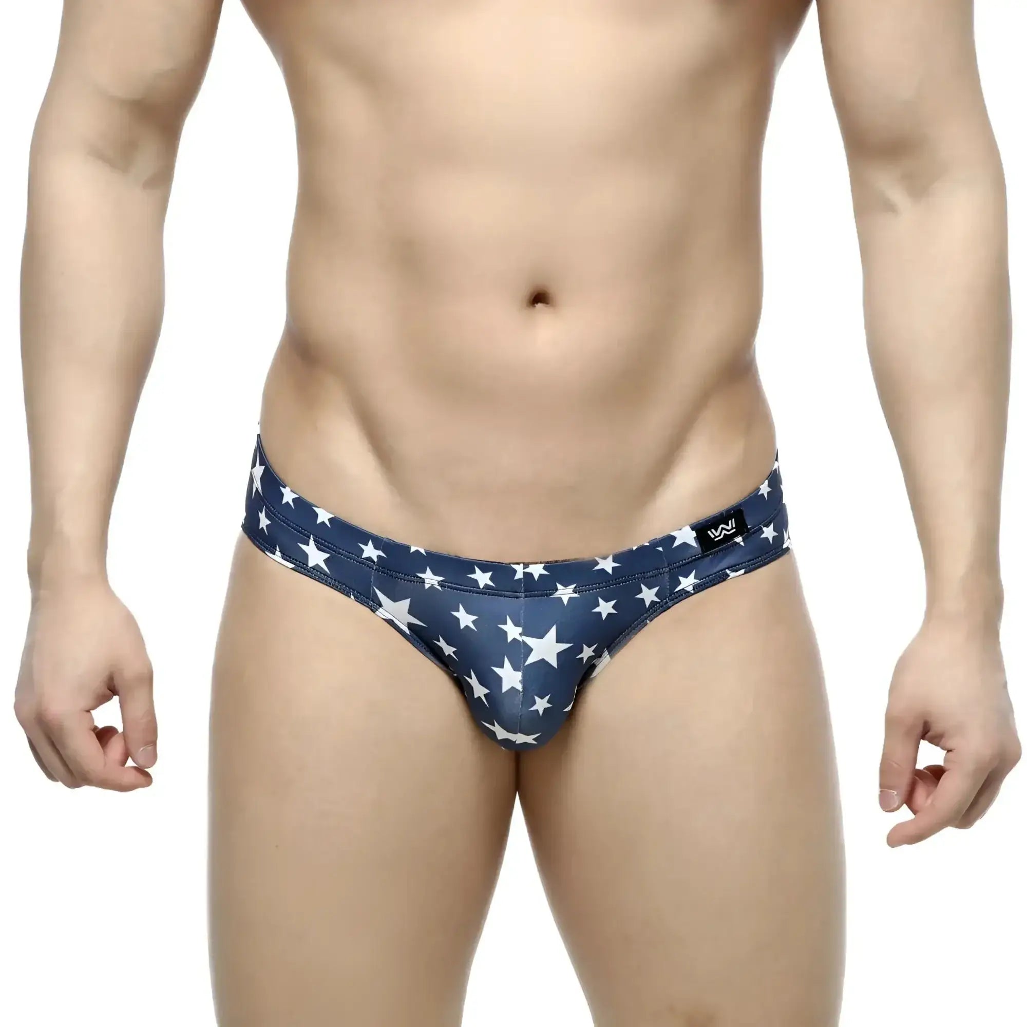 MetroMalewear estella bikini 5103-14 navy blue swim trunks with white star pattern ideal for beachwear