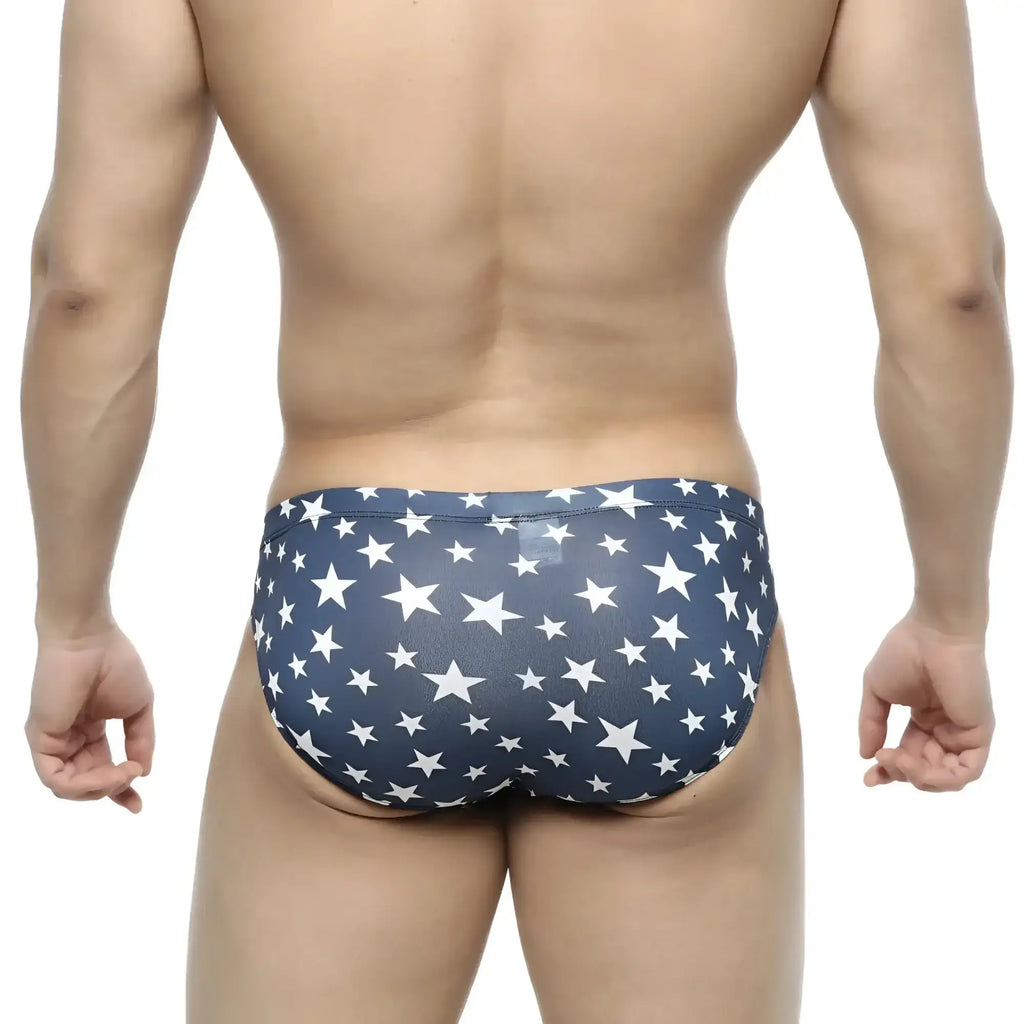 Navy blue metroMalewear estella bikini 5103-14 swim trunks with white star pattern for beachwear and swimming