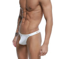 White MetroMaleWear Estrema men’s thong with narrow waistband and gold annuy branding 2332-00