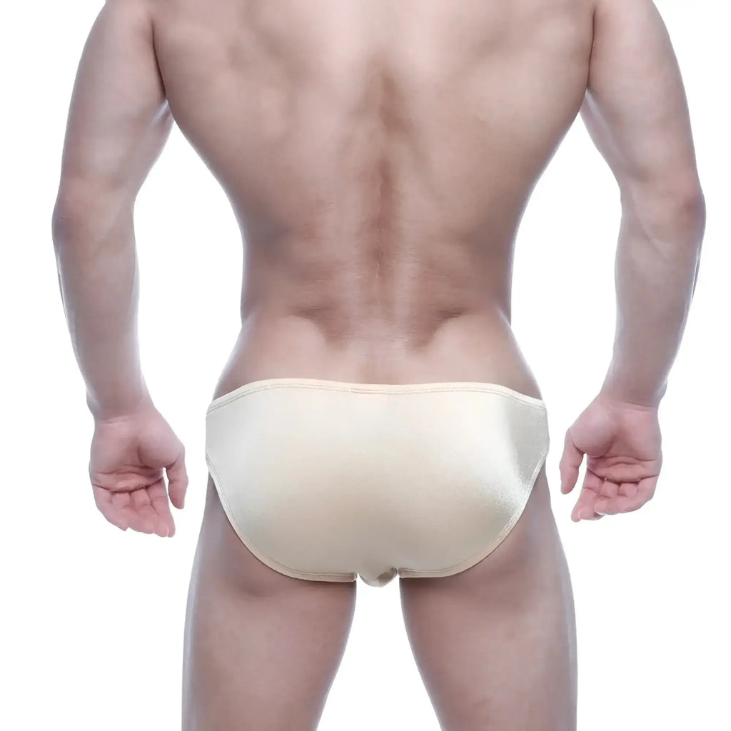 Beige satin briefs with a smooth glossy finish and snug fit metroMalewear eureka bikini gold 5223-21
