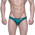 Teal shimmering MetroMaleWear Eureka bikini briefs with a snug form-fitting design for stylish comfort