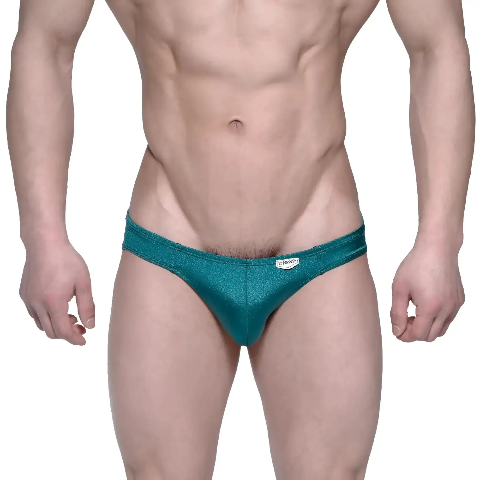 Teal shimmering MetroMaleWear Eureka bikini briefs with a snug form-fitting design for stylish comfort