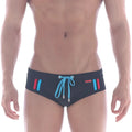 MetroMaleWear Europa swim brief black with vibrant blue and red vertical side stripes and matching light blue drawstring