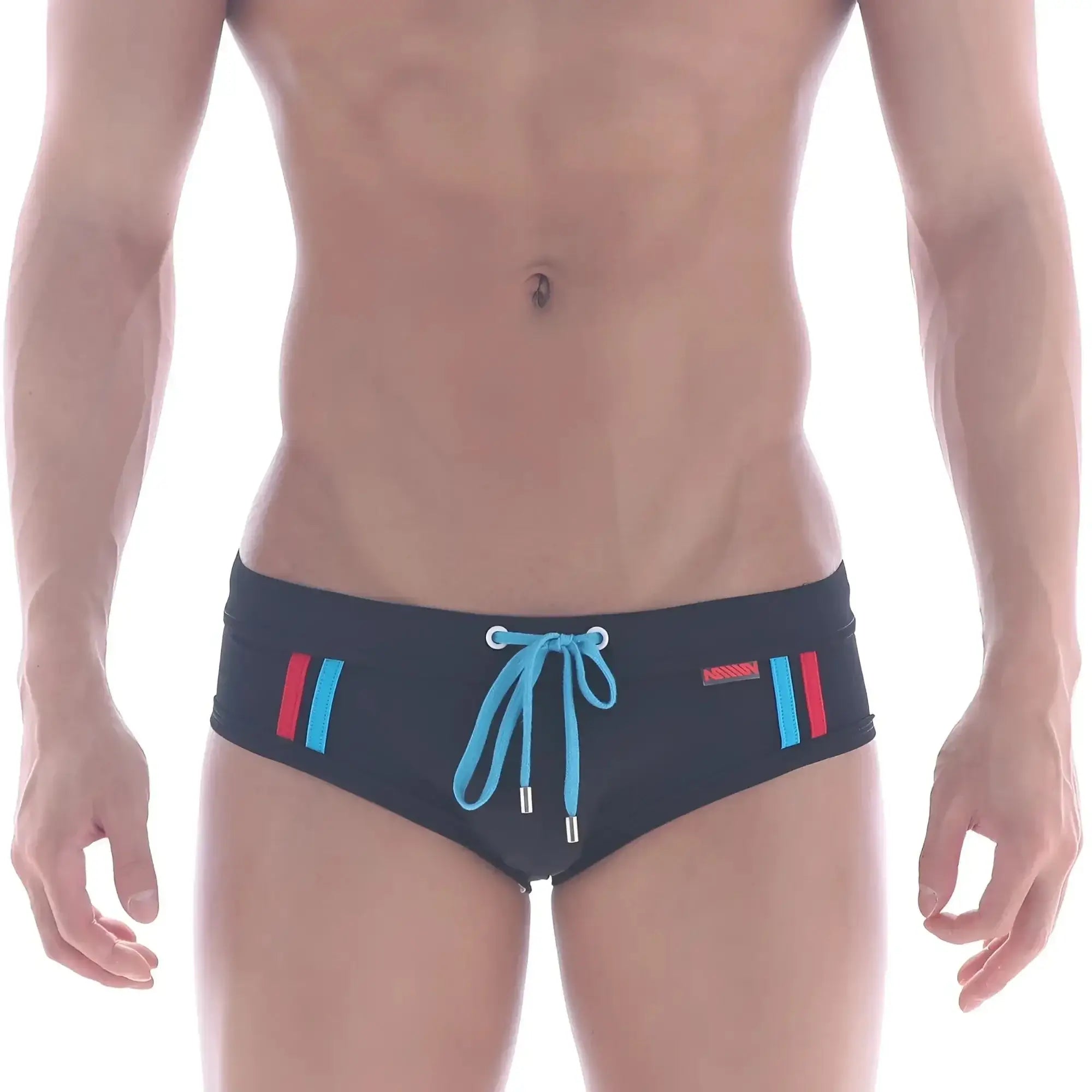 MetroMaleWear Europa swim brief black with vibrant blue and red vertical side stripes and matching light blue drawstring