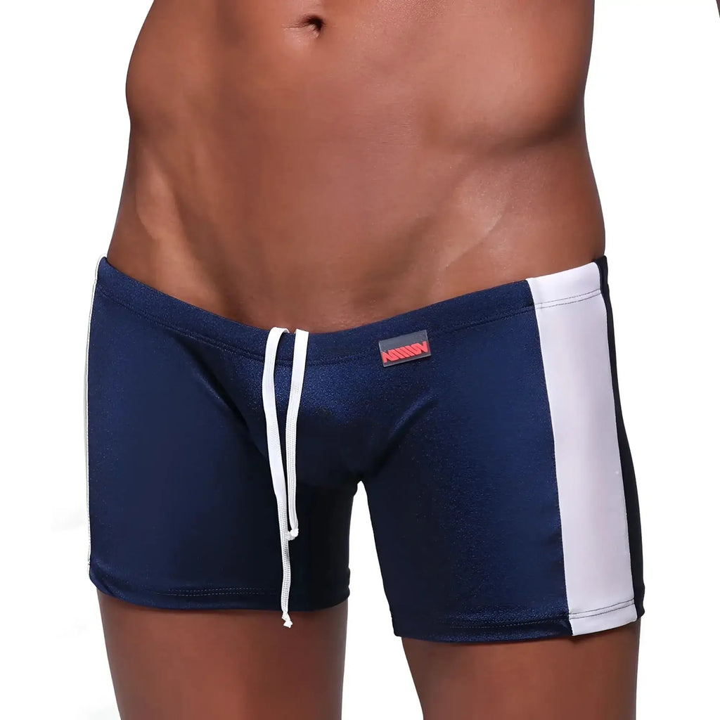 Navy blue swim trunks metro male wear extreme square 4933-28 with white side stripes and drawstring waistband