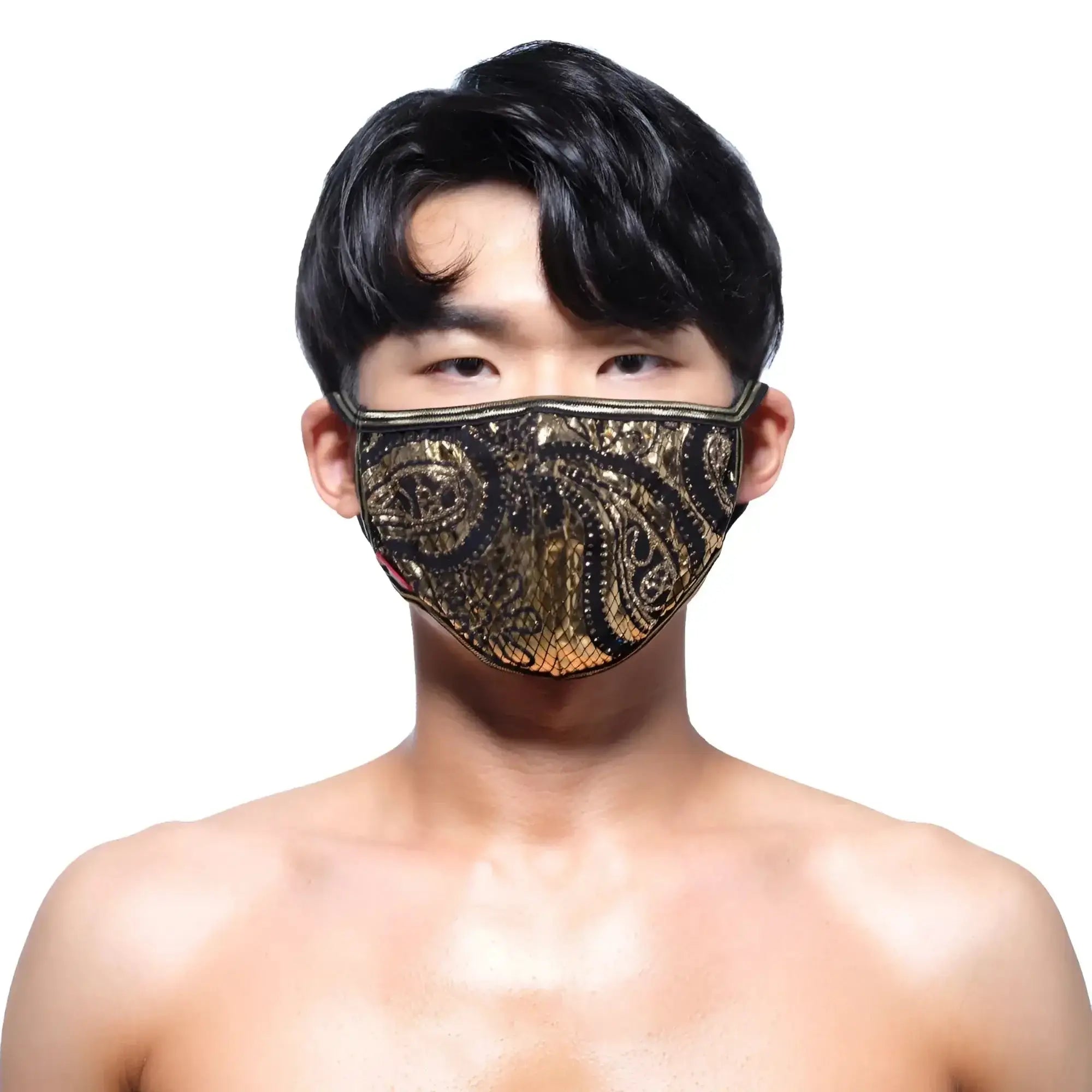 A black and gold sequined face mask with an intricate paisley design from MetroMaleWear