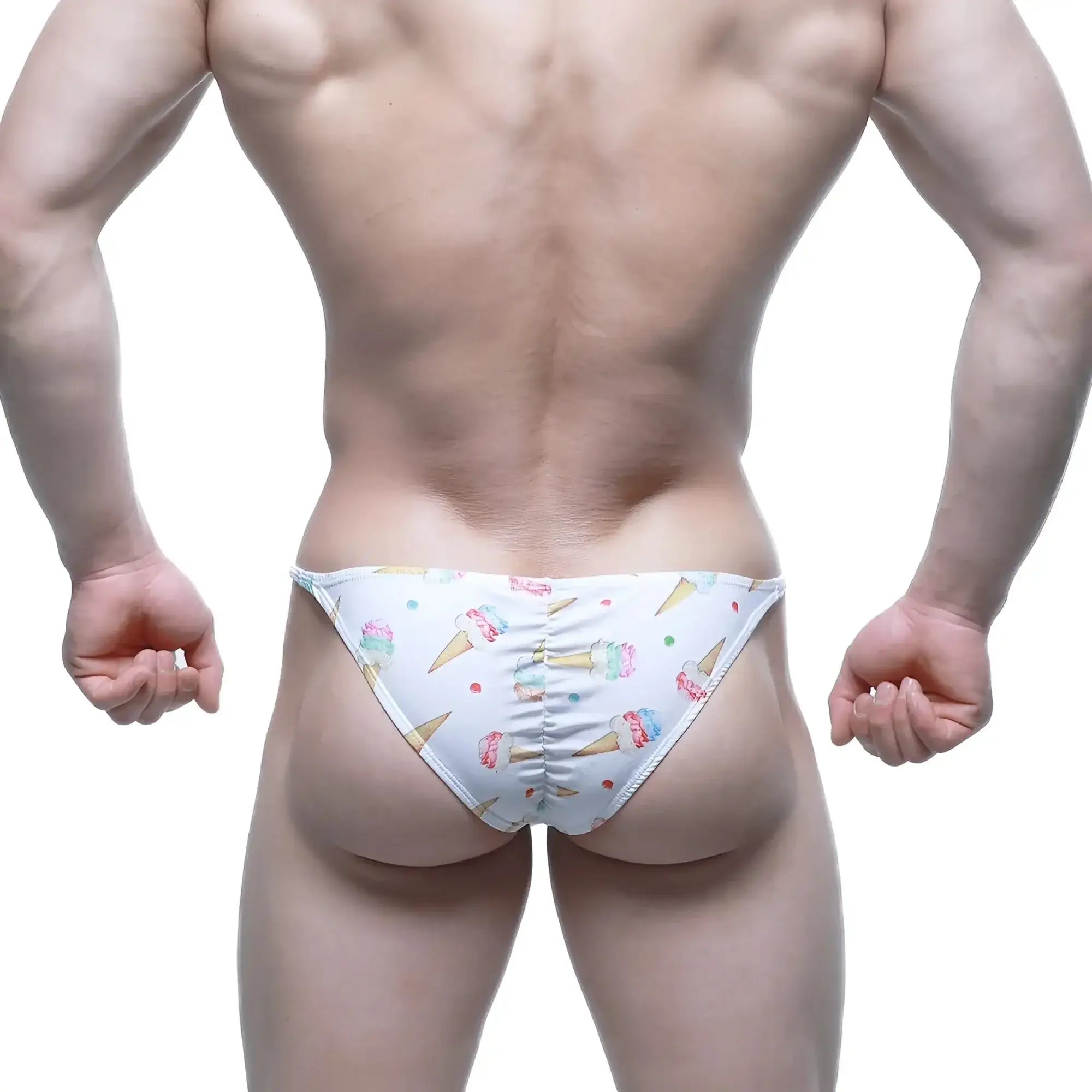 White swim trunks by metromalewear with colorful ice cream cone and sprinkle pattern fantasy bikini 6116-60