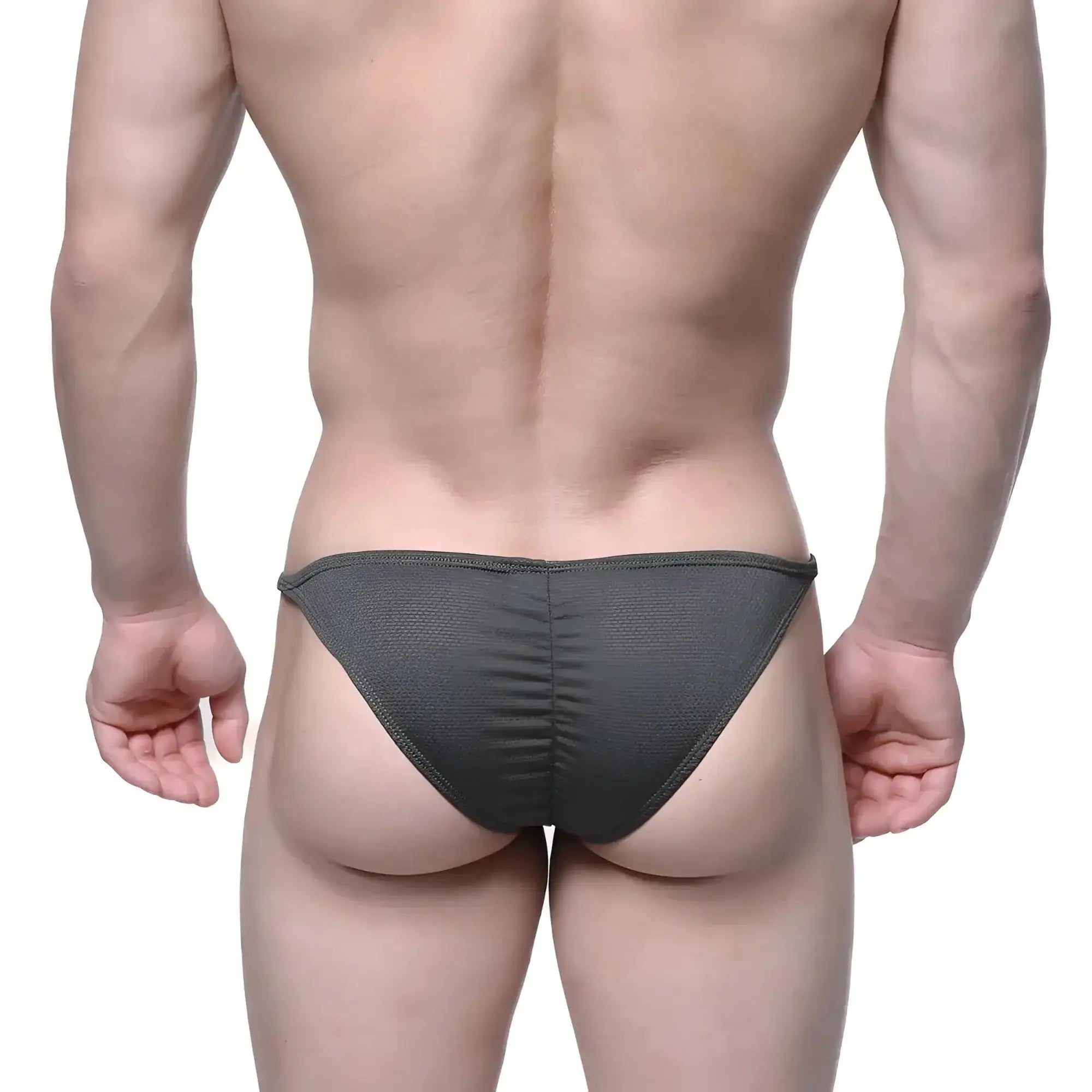 Dark gray textured fabric briefs with ruched back design from metromalewear fantasy bikini khaki 6116-26 collection