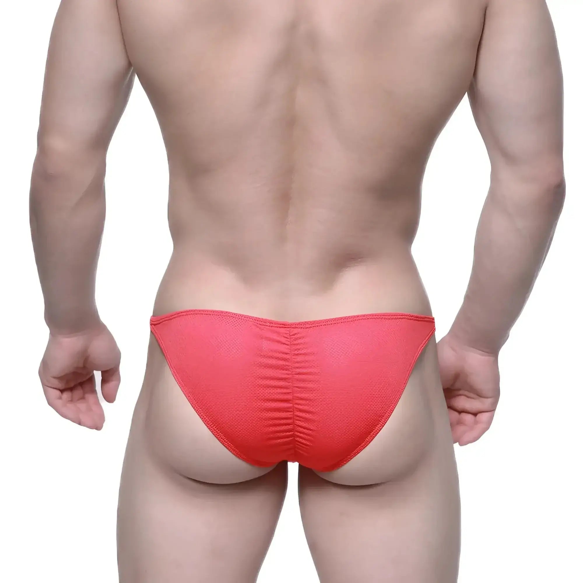 Back view of metro male wear fantasy bikini red 6116-12 bright coral-red textured mesh briefs with ruched design