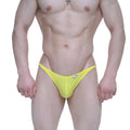 Bright yellow mesh thong bikini by MetroMaleWear with a small white brand tag on the front