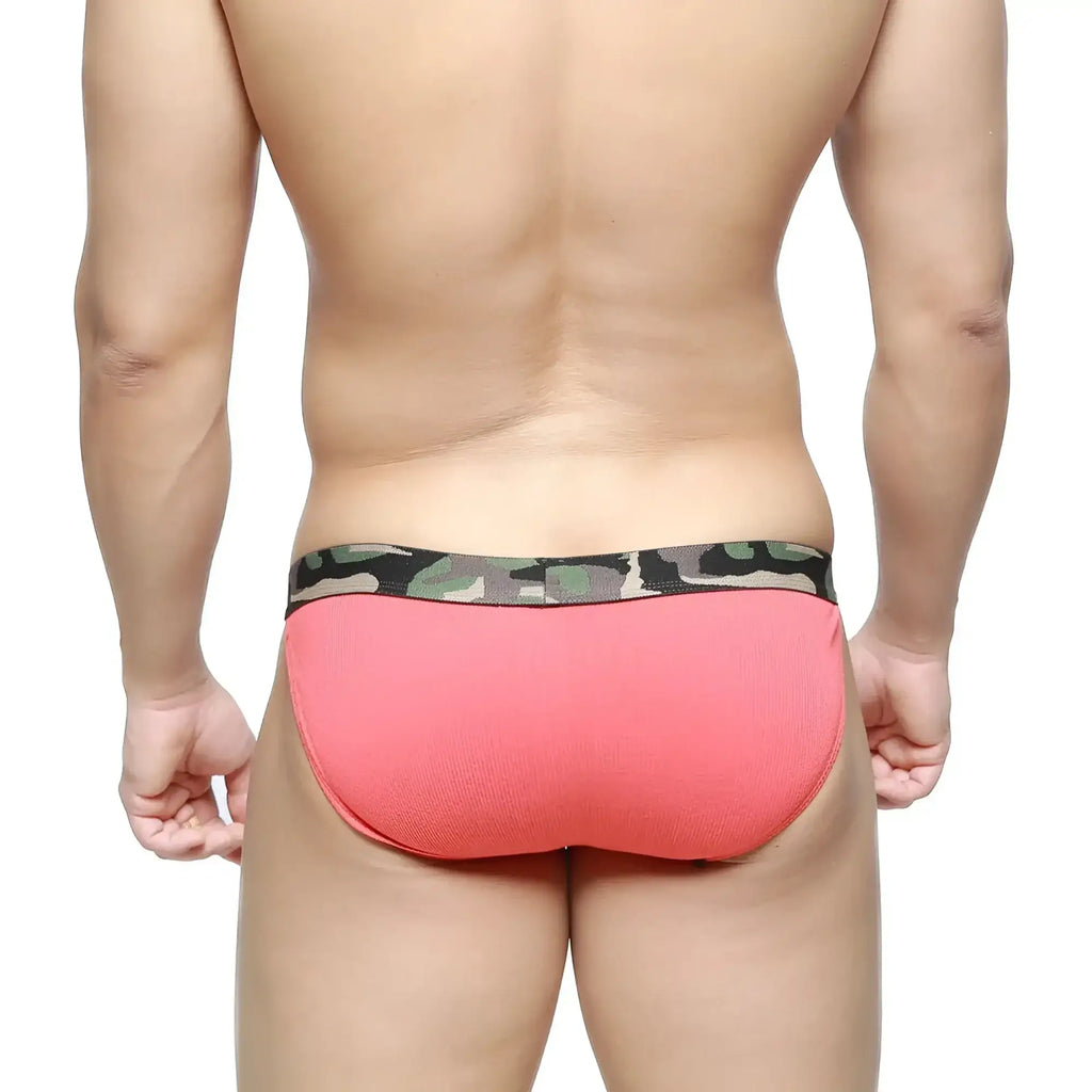 Coral pink MetroMaleWear Felix bikini briefs with camouflage-patterned waistband for men