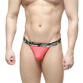 Red mesh thong with camouflage patterned waistband by metromalewear felix thong 7012-12 shown from the back