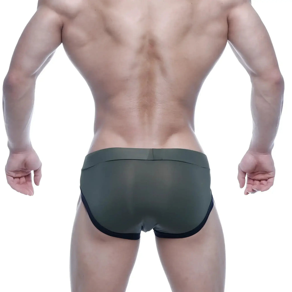 Olive green sheer briefs with black trim from metromalewear filosofico bikini 2304-26 for stylish underwear use