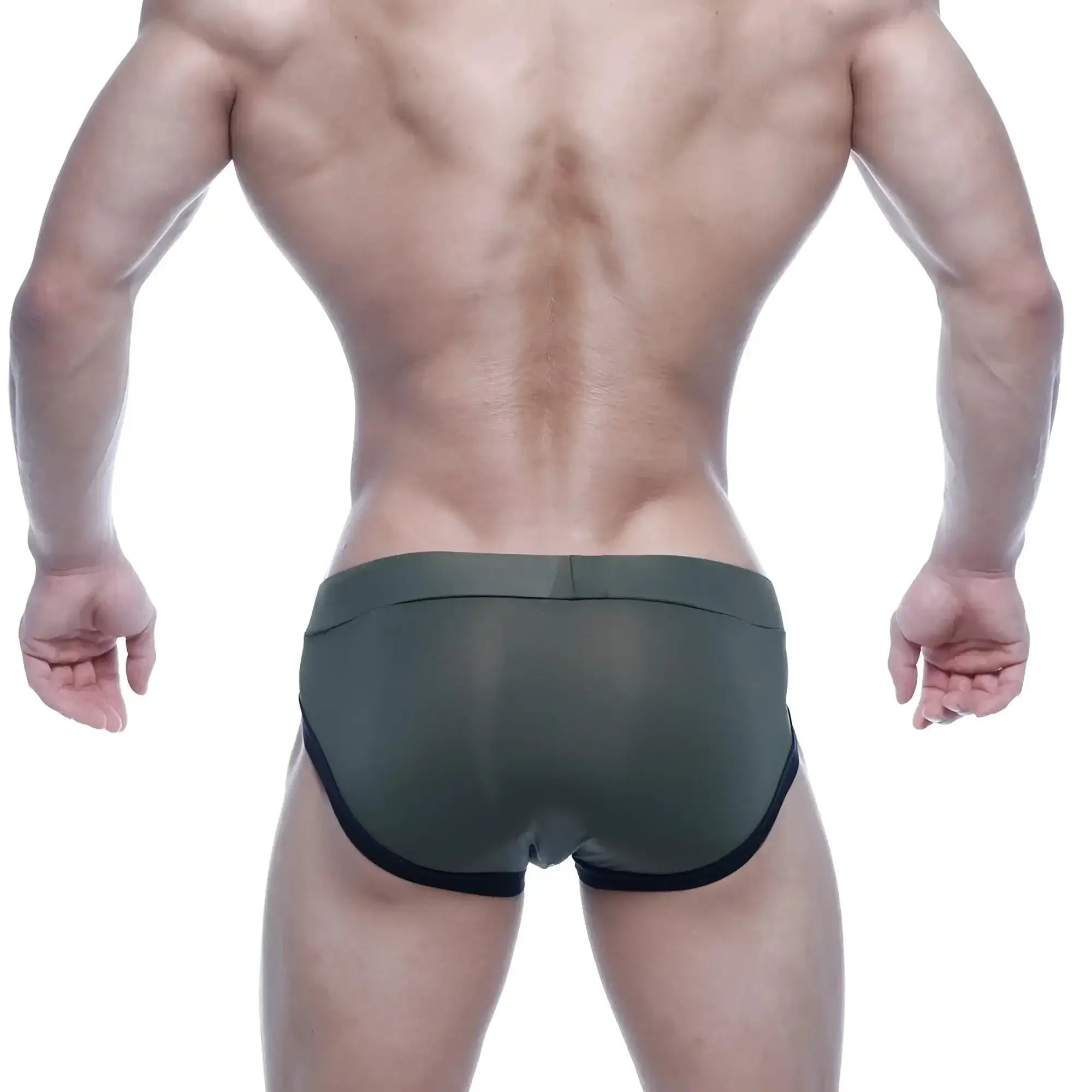 Olive green sheer briefs with black trim from metromalewear filosofico bikini 2304-26 for stylish underwear use