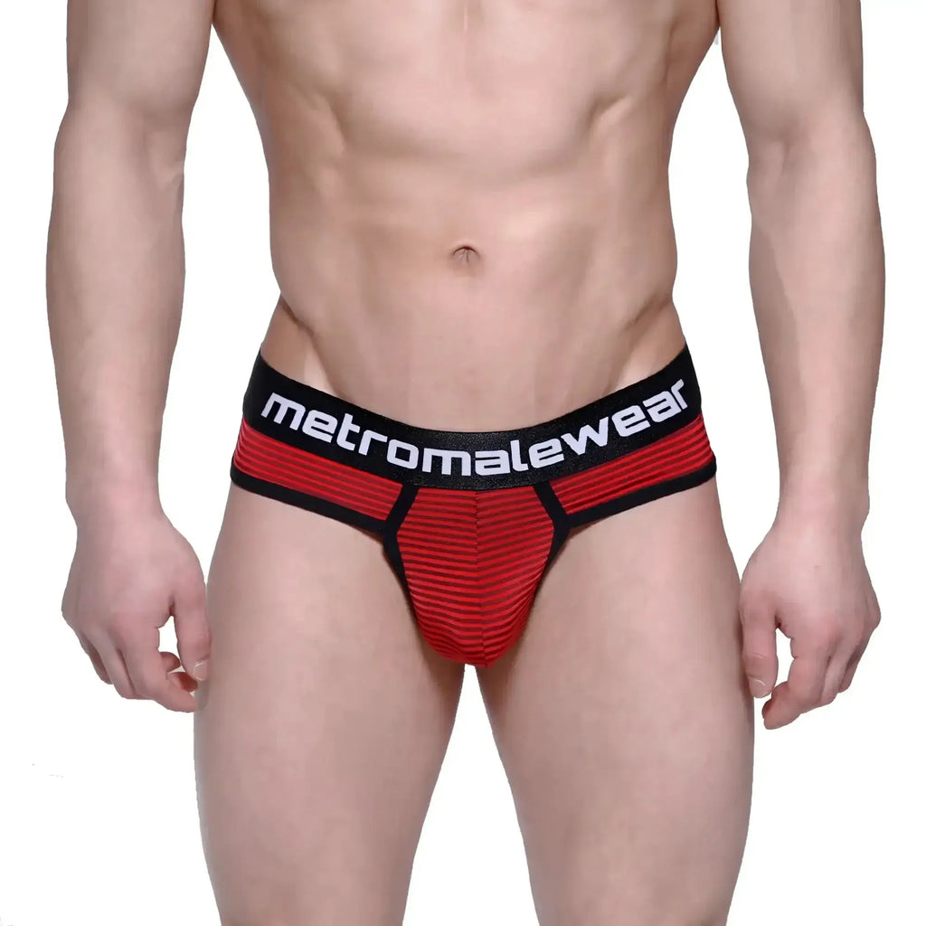Men’s fine thong briefs red and black stripes with branded waistband by metromalewear model 2712-42