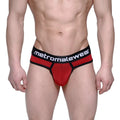 Men’s fine thong briefs red and black stripes with branded waistband by metromalewear model 2712-42