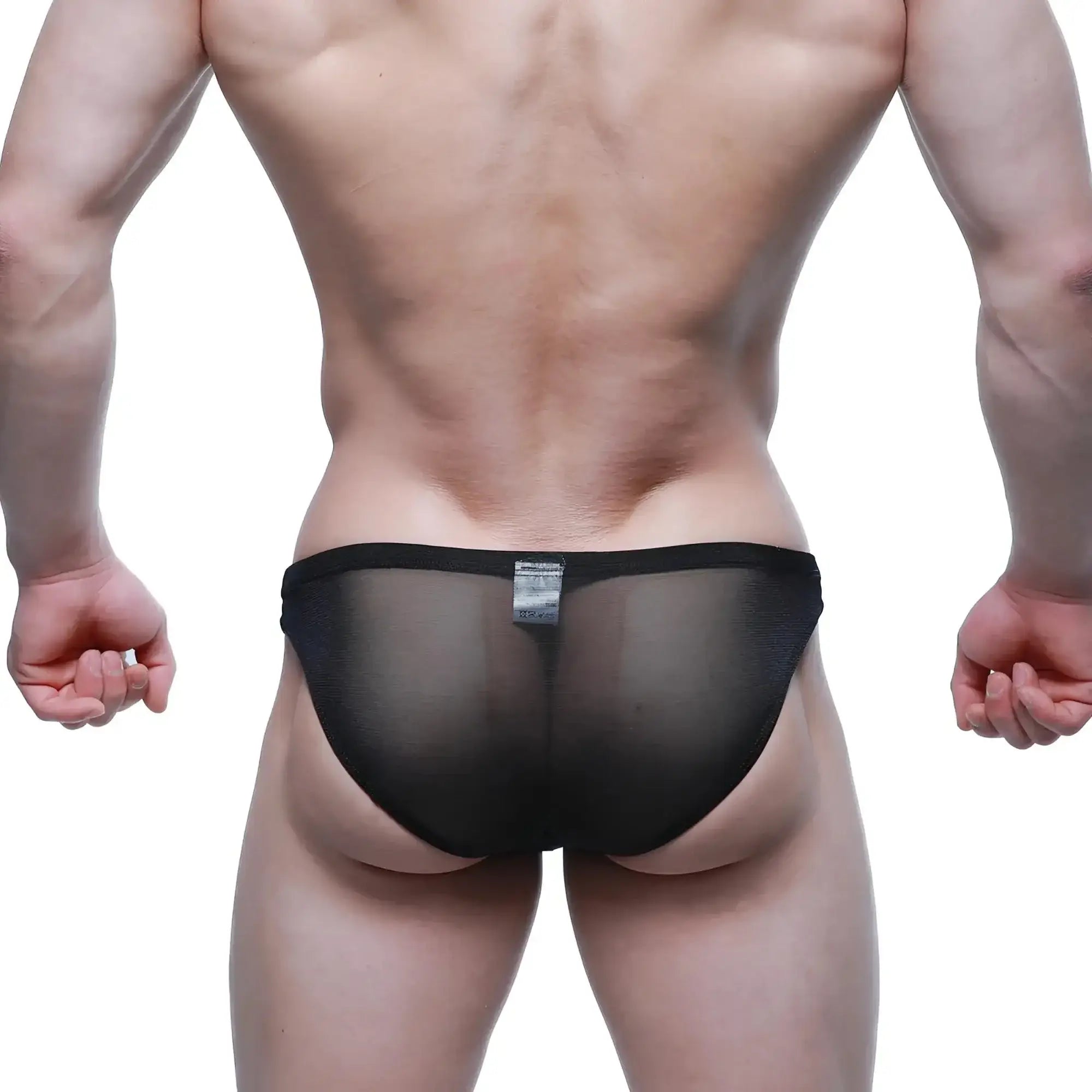 MetroMaleWear Fior Bikini 3603-72 black sheer mesh briefs with solid black waistband showing front view