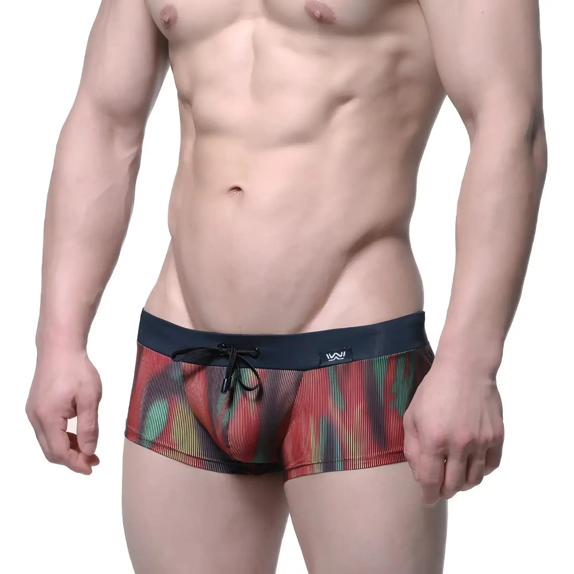 MetroMaleWear fire swim boxer briefs vibrant red green yellow abstract pattern sheer mesh fabric navy waistband