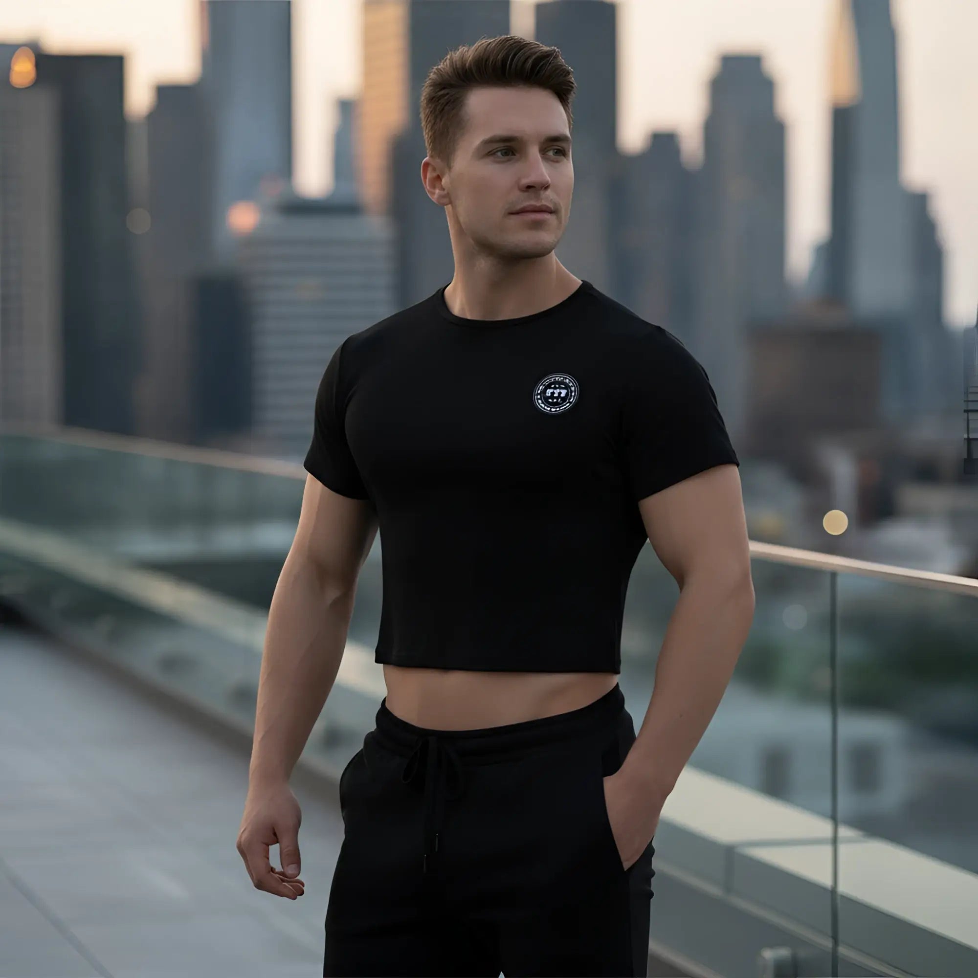 Black MetroMaleWear FIT cropped short-sleeve t-shirt with a white circular logo on the chest for casual wear