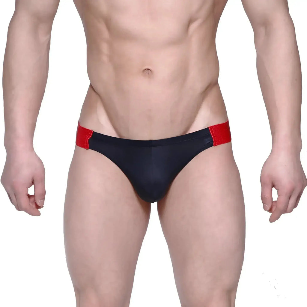 Black swim trunks with red side panels from MetroMaleWear flip jock strap collection model 1421-20
