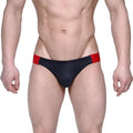 Black swim trunks with red side panels from MetroMaleWear flip jock strap collection model 1421-20