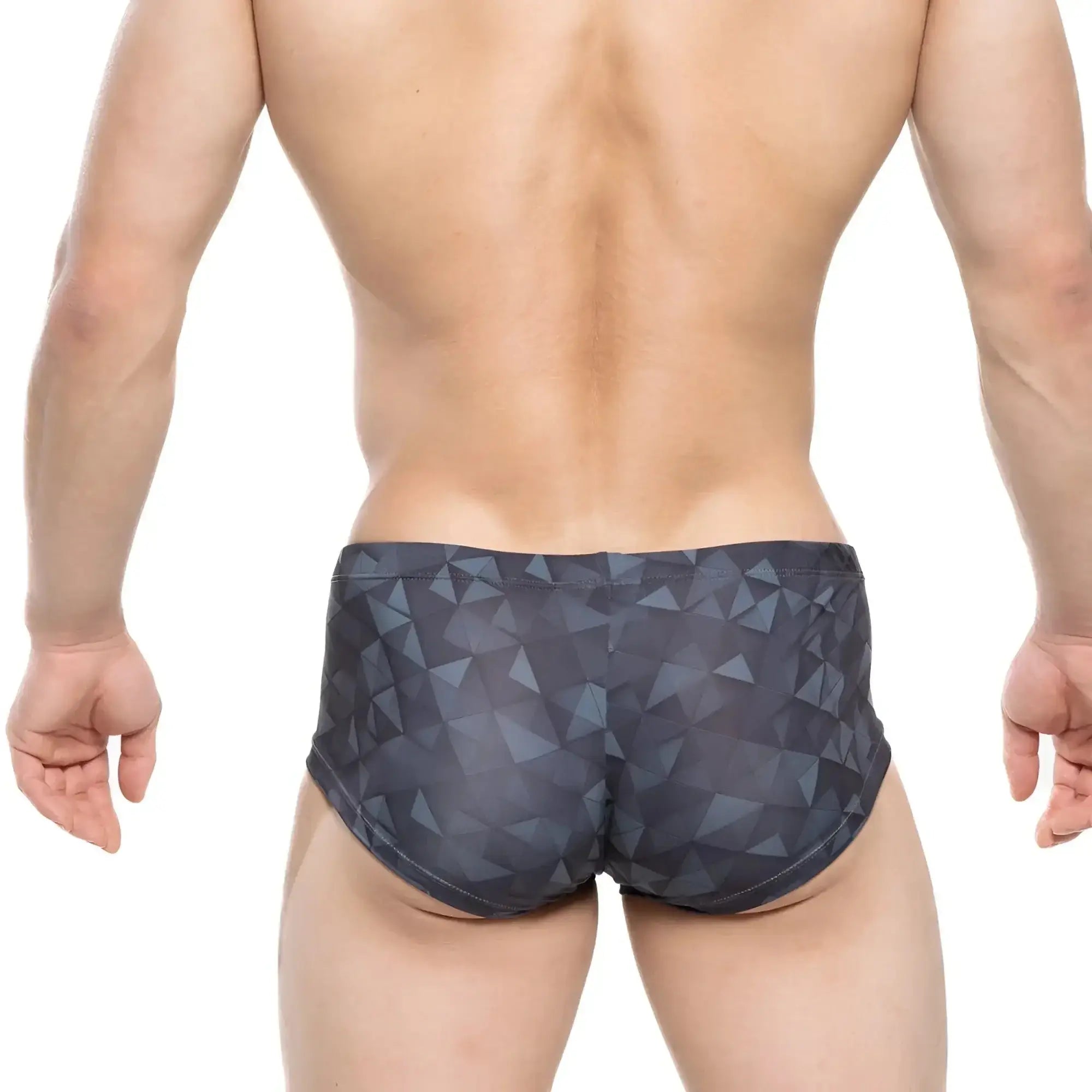 Dark gray swim trunks featuring a geometric triangle pattern from metromalewear fractal trunk 2125-45