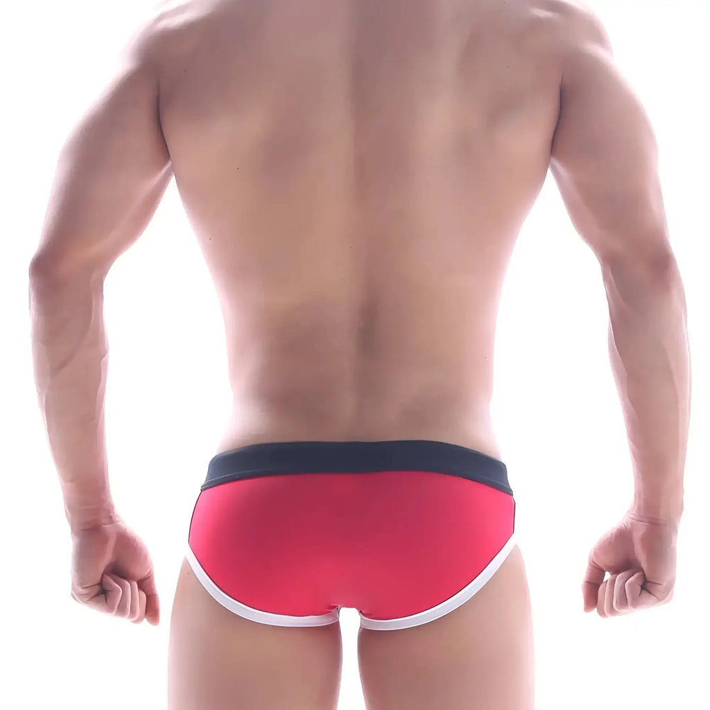 Red swim trunks with black waistband and white trim from metromalewear frame swim brief white 4916-81 collection