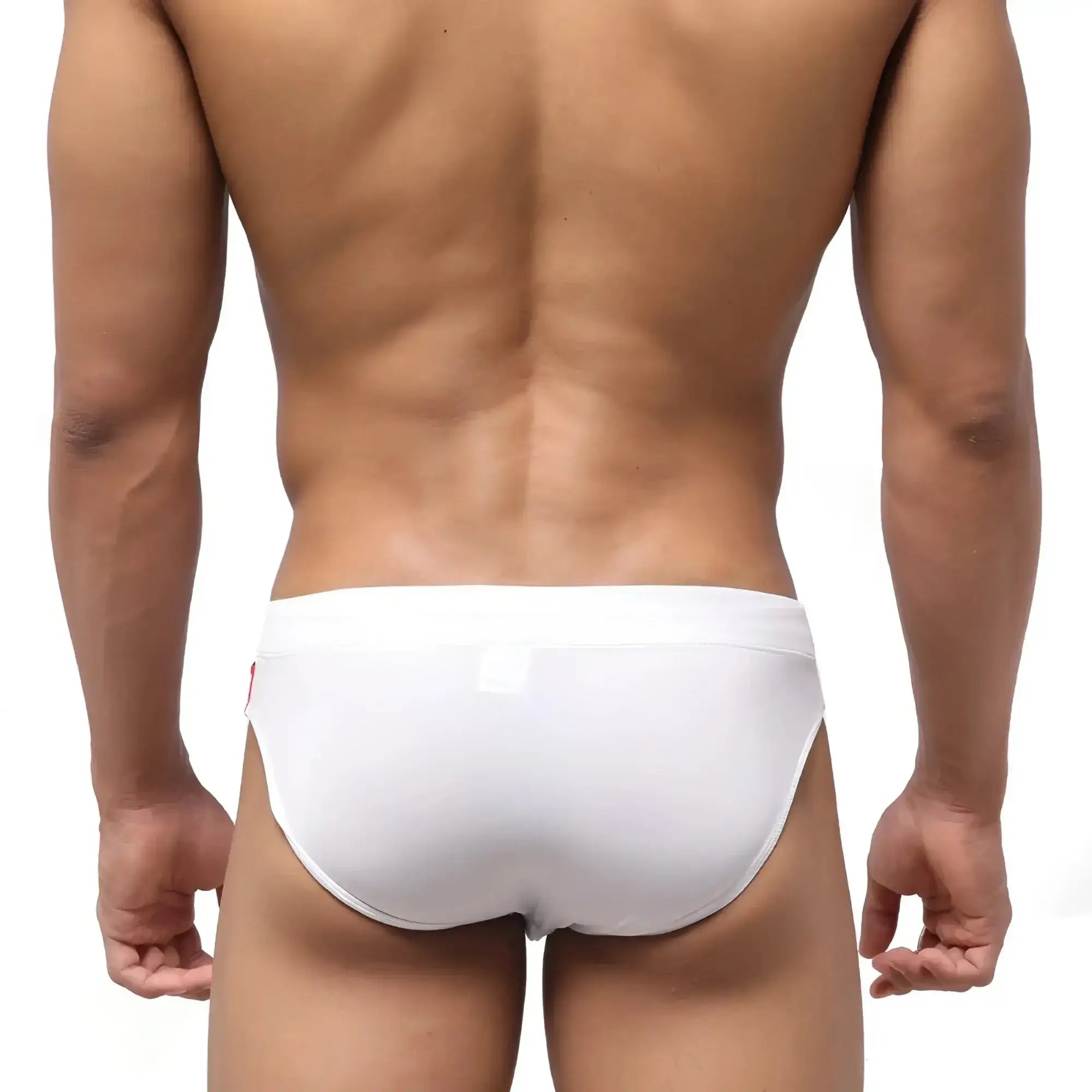 White metroMalewear french swim brief with smooth form-fitting design and small red logo on left side