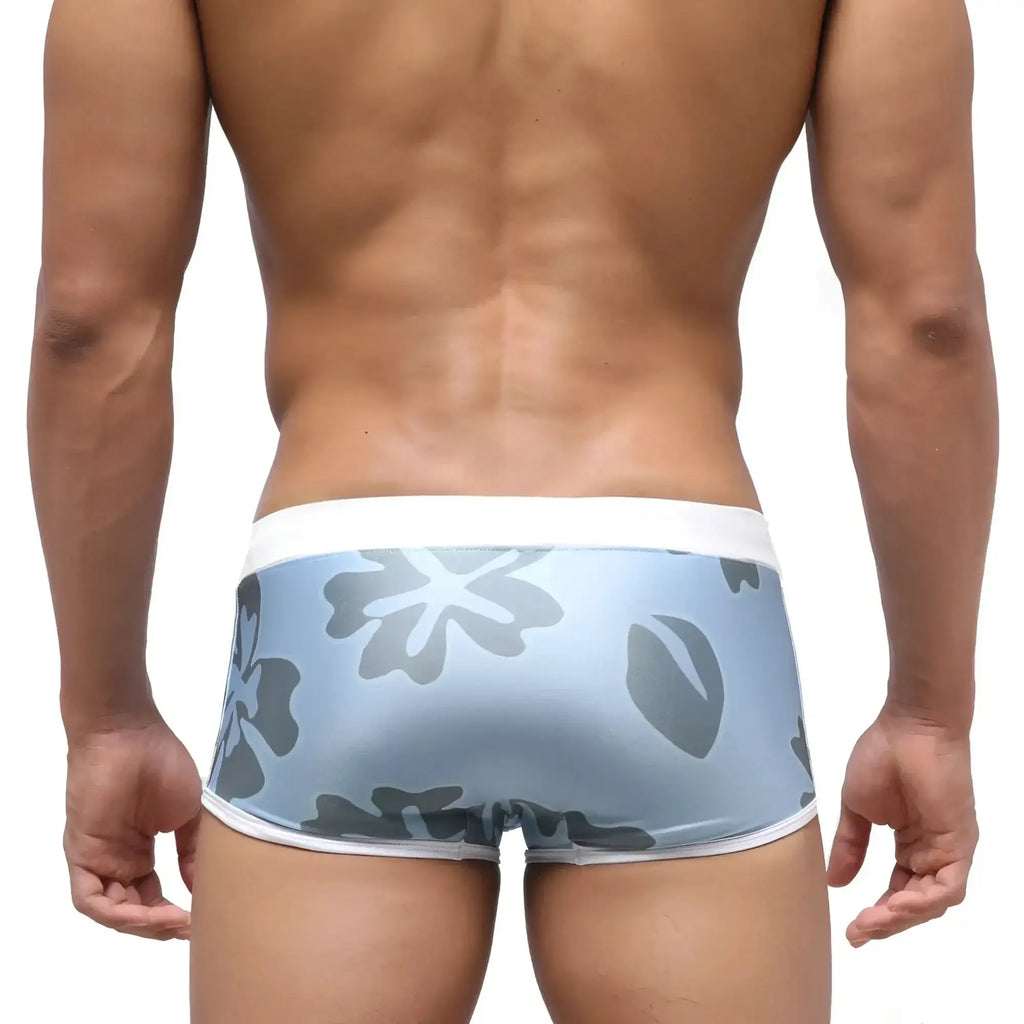 MetroMaleWear Fresco swim trunk natural 4944-52 light blue briefs with gray floral pattern and white trim front view