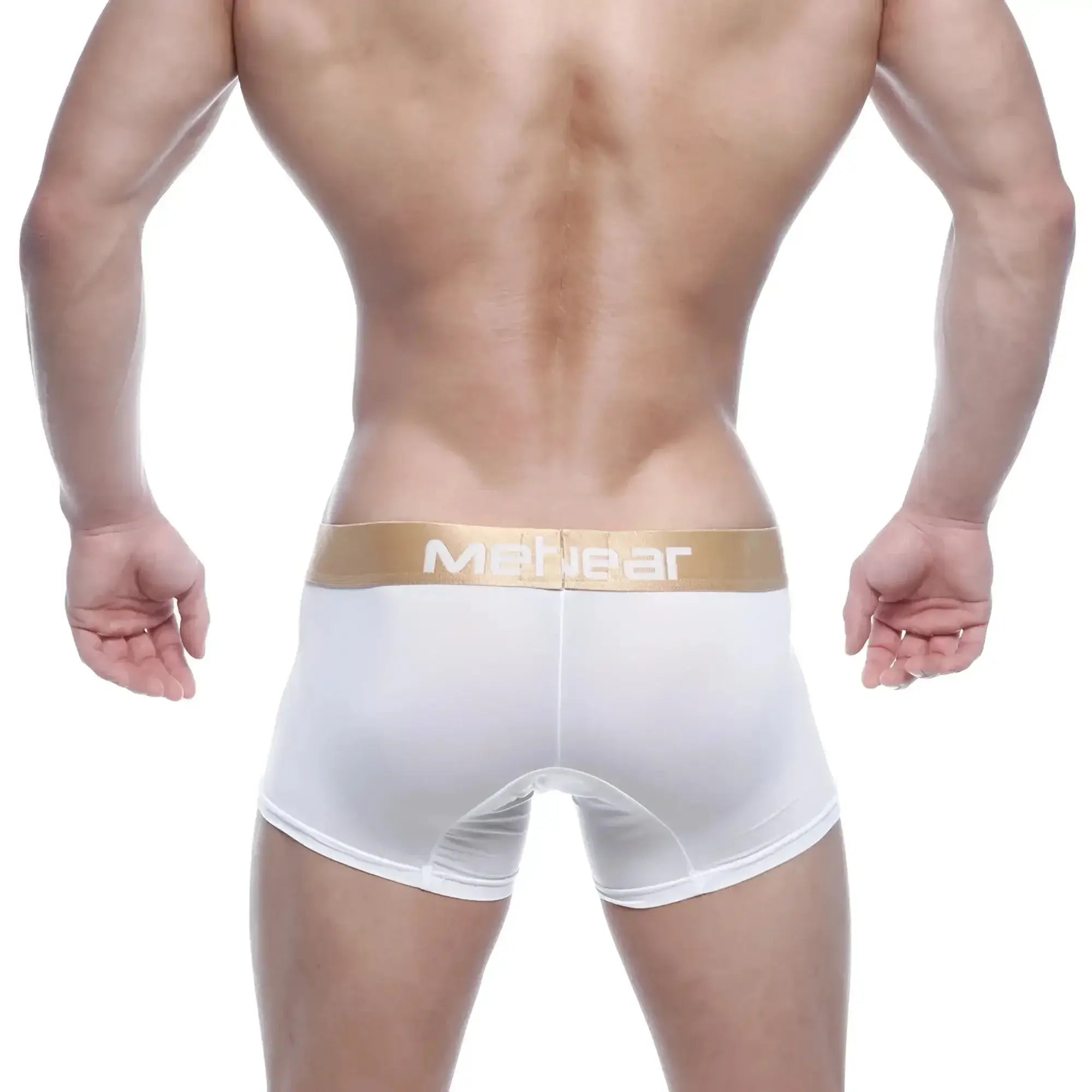 White men’s briefs with a gold waistband featuring the menwear logo in white from metromalewear fresh short boxer 7 2022-01