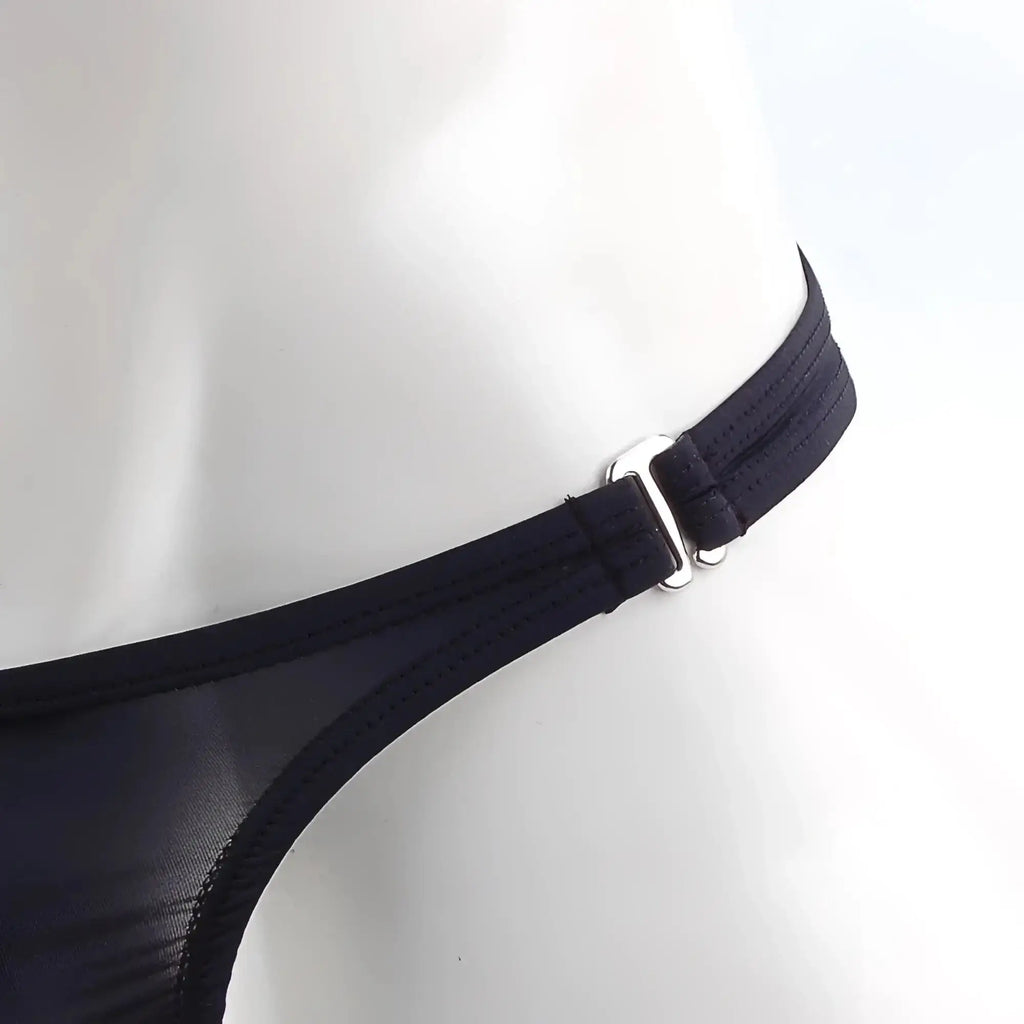 MetroMaleWear Fria Thong detachable black with black elastic waistband and silver metal buckle detail on the back side