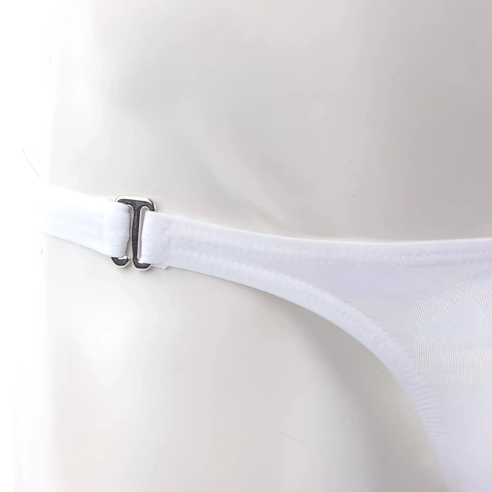 White nylon bikini bottom with silver metal buckle from metromalewear fria thong detachable white 2422-00 product back view