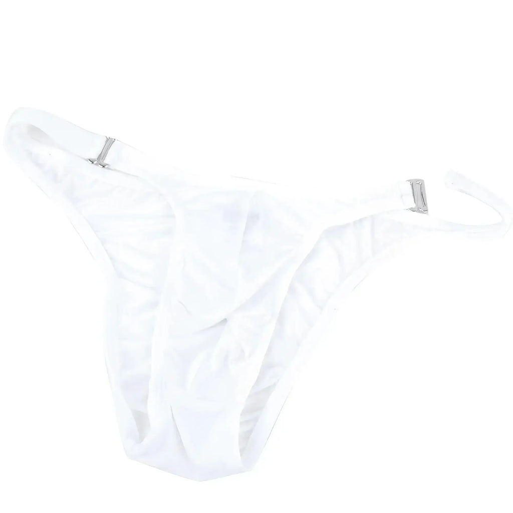 White metroMalewear fria thong made of smooth stretchy fabric with silver-toned metal clasps at the sides