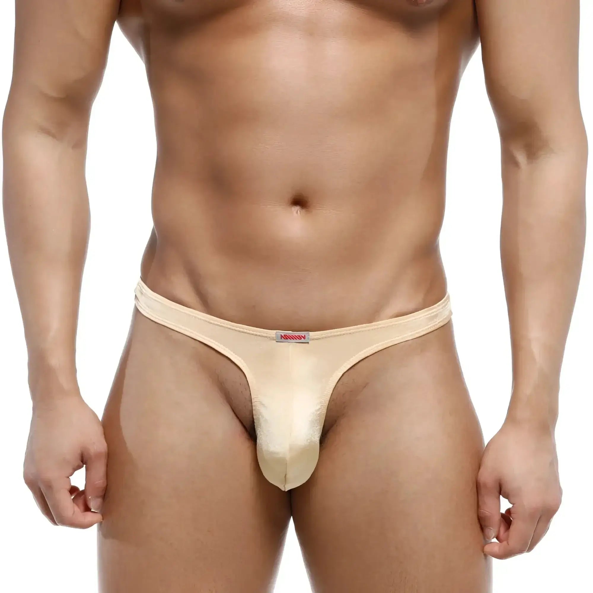 Beige satin thong with subtle sheen and small red logo on waistband metroMaleWear Fria Thong Gold 2322-21