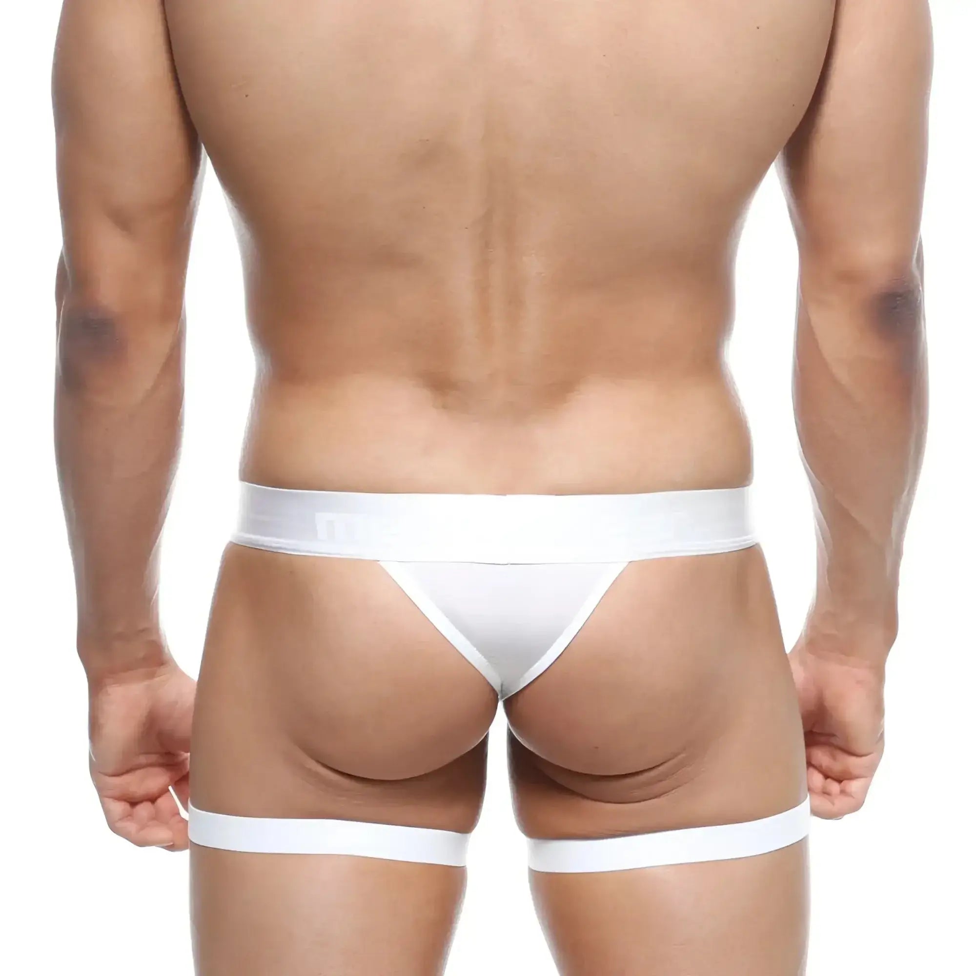 White metroMalewear garter thong briefs with matching leg straps designed for a bold and stylish look