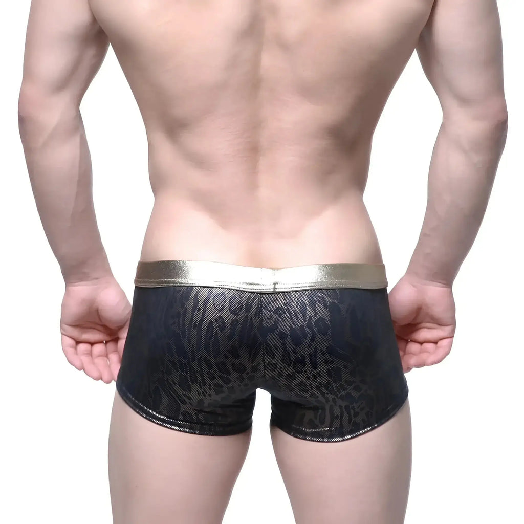 Black leopard-print briefs with a shiny gold waistband metroMalewear gloss trunk gold 2026-78