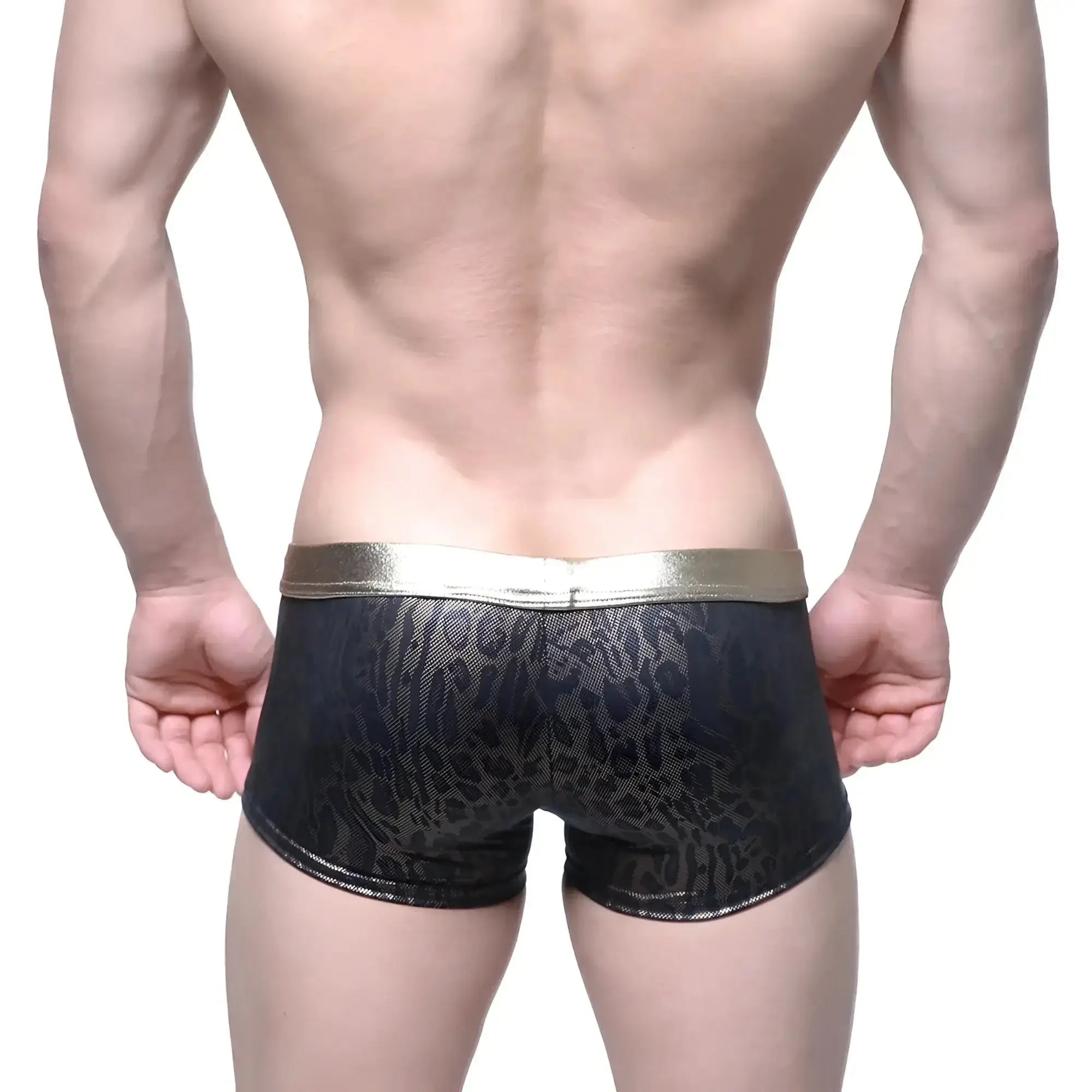 Black leopard-print briefs with a shiny gold waistband metroMalewear gloss trunk gold 2026-78