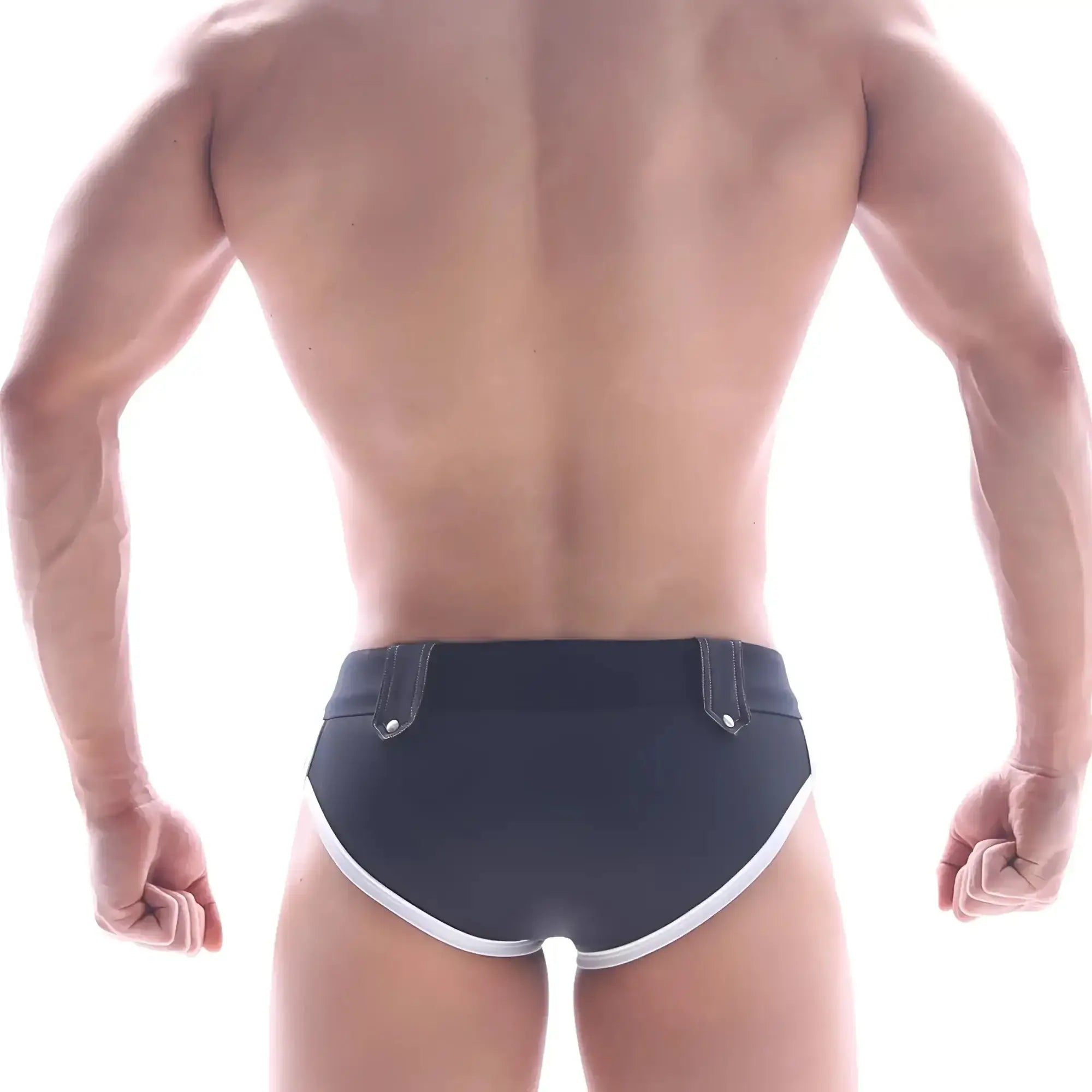 MetroMaleWear Gothic swim brief black with white trim and silver-toned belt loops for stylish swimwear use