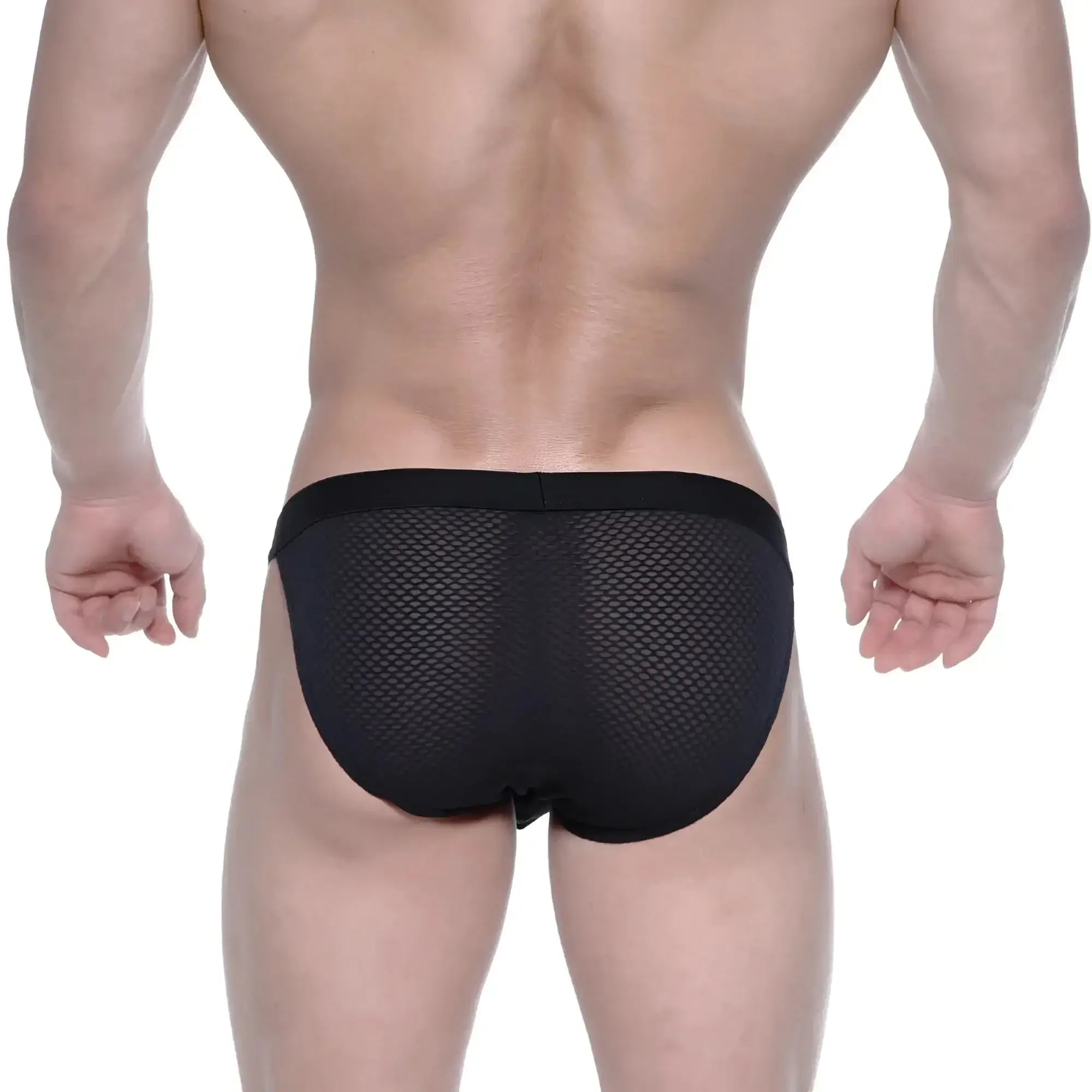 Black mesh briefs with a solid waistband by metromalewear grabit bikini 3105-70 in black mesh material