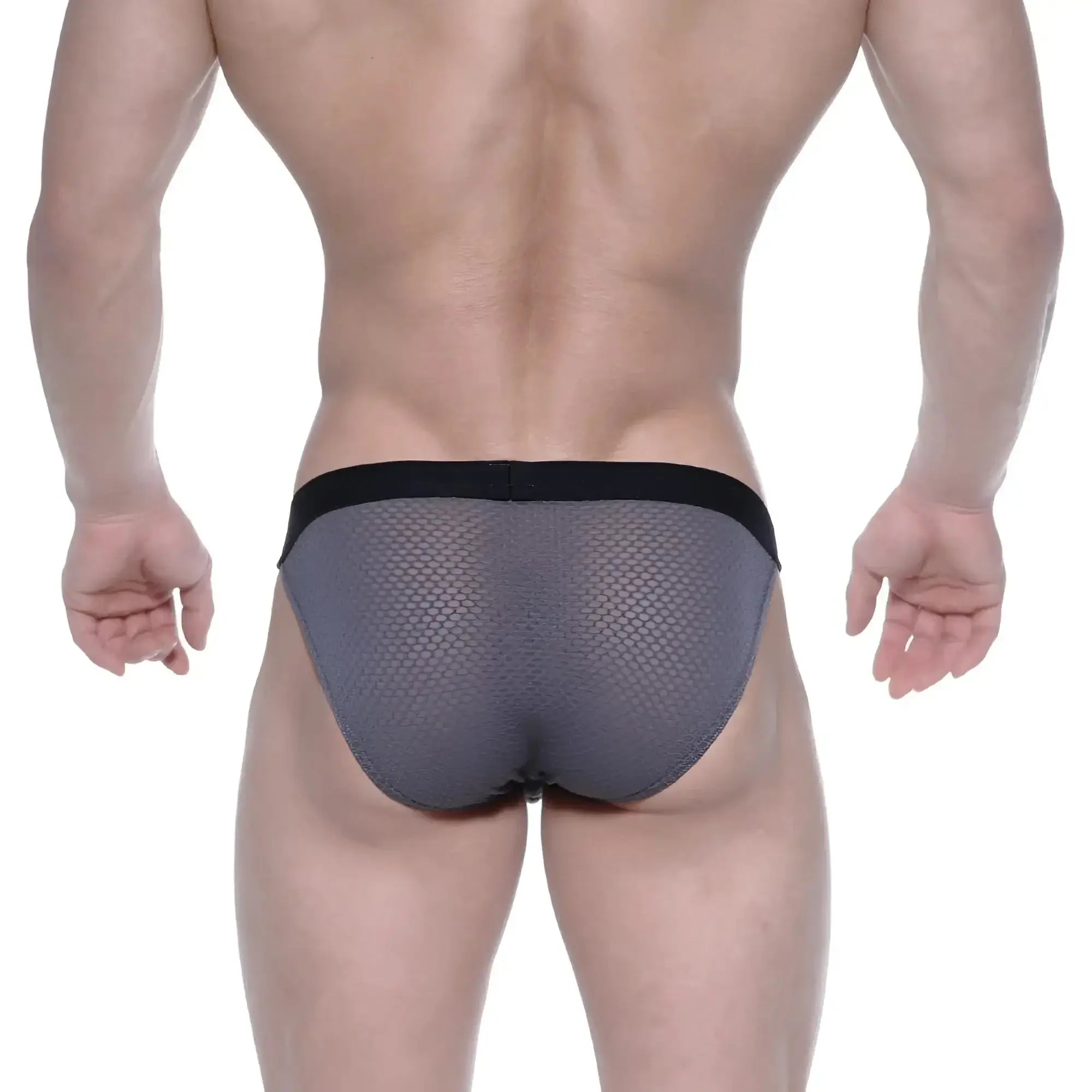 Gray mesh briefs with black elastic waistband from metromalewear grabit bikini 3105-72 showing front view