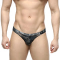 Metro malewear gray camo hip brief 5103-93 men’s black and gray camouflage thong with mesh fabric design front view