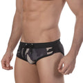MetroMaleWear grey camo split swim brief 4923-81 with black and gray camouflage print and drawstring waistband