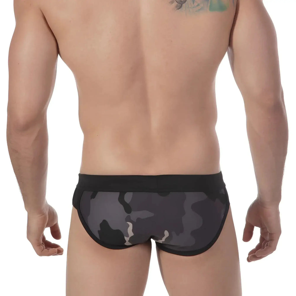 MetroMaleWear grey camo split swim brief 4923-81 with black waistband featuring black and gray camouflage pattern