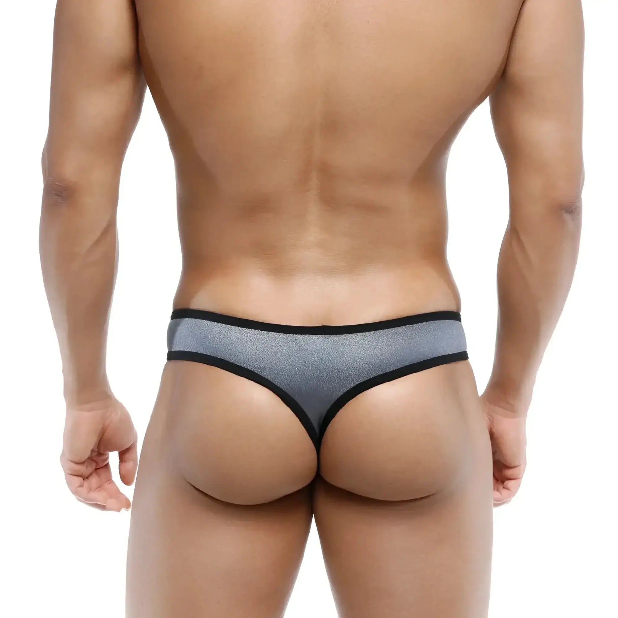 Gray glittery half bikini thong briefs with black trim by metromalewear model 7002-10